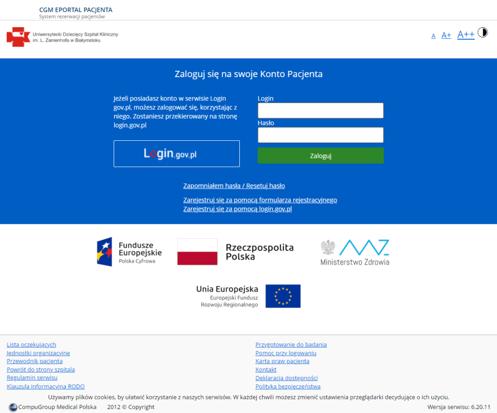 Zrzut ekranu przedstawiający wygląd strony logowania do portalu pacjenta