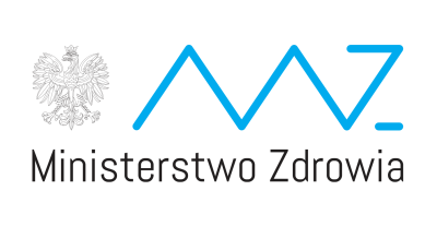 Logo Ministerstwa Zdrowia Godło Polski i niebieski tekst MZ