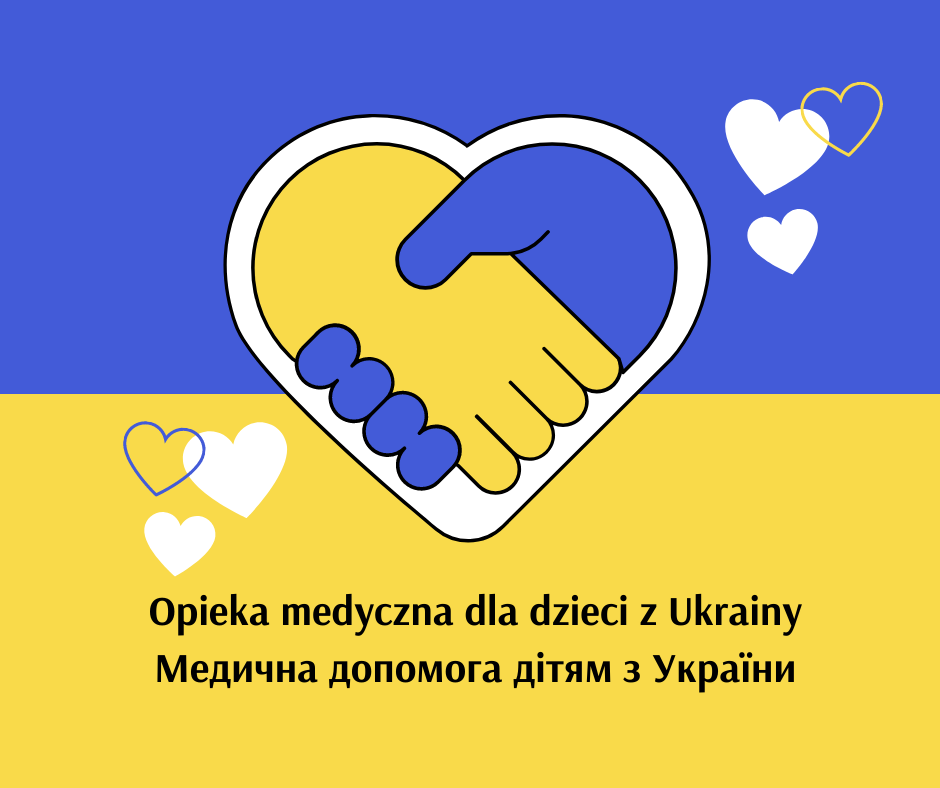 Opieka Medyczna dla dzieci z Ukrainy: Logo: Flaga Ukrainy z sercem i uściskiem dłoni w kolorach ukraińskiej flagi.