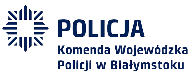 Granatowy napis Policja Komenda Wojewódzka Policji w Białymstoku na białym tle z granatowym logo odznaki policyjnej