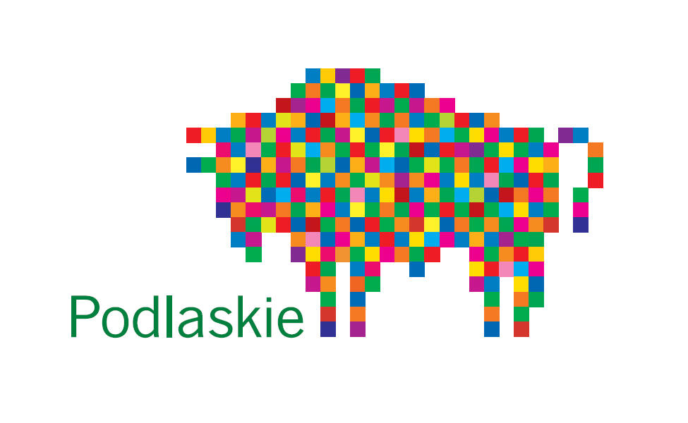 Logo Urzędu Marszałkowskiego w Białystoku przedstawiające żubra ułożonego z kolorowych kwadracików oraz zielonym napisem podlaskie