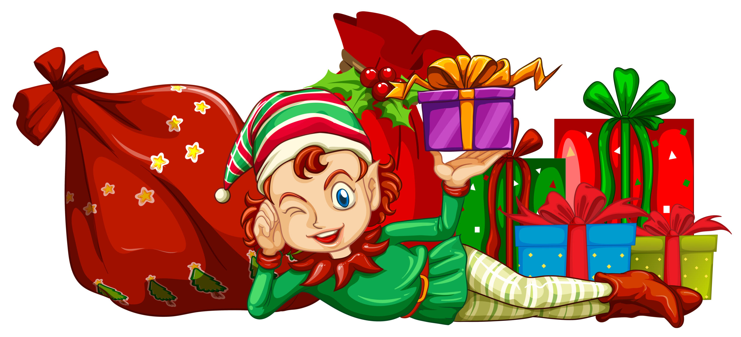 Świąteczny elf z prezentami i workiem prezentów
